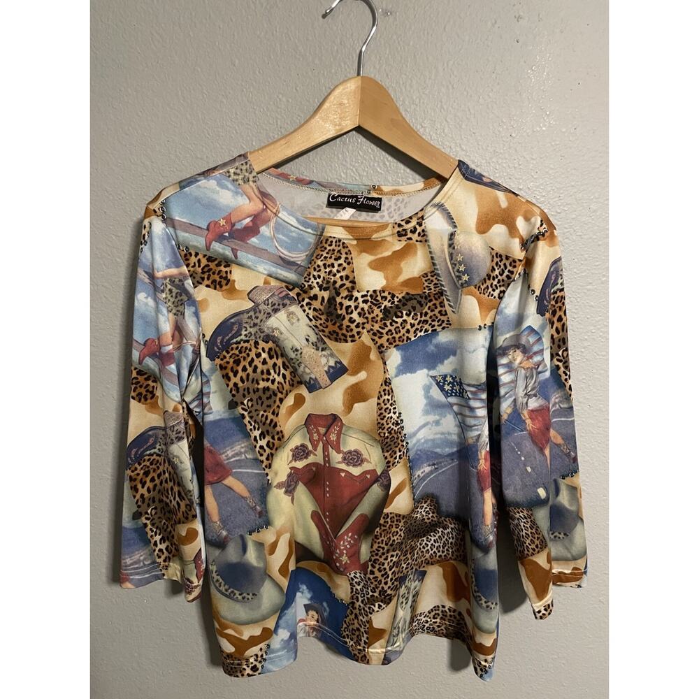 Vintage Cactus Flower Womens Top Large Colorful Abstract Print Artsy Wacky Y2K